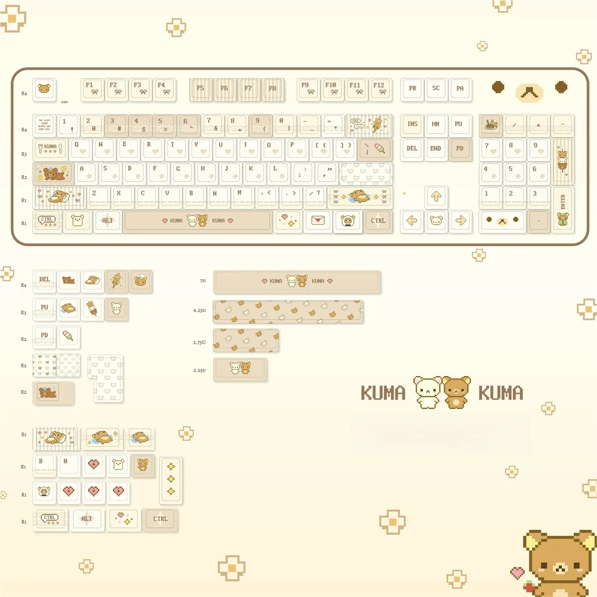 Playful Pixel Rilakkuma PBT Dye-Sub keycaps set, showcasing charming pixelated Rilakkuma and Kaoru. Highlights the whimsical, cozy aesthetic.