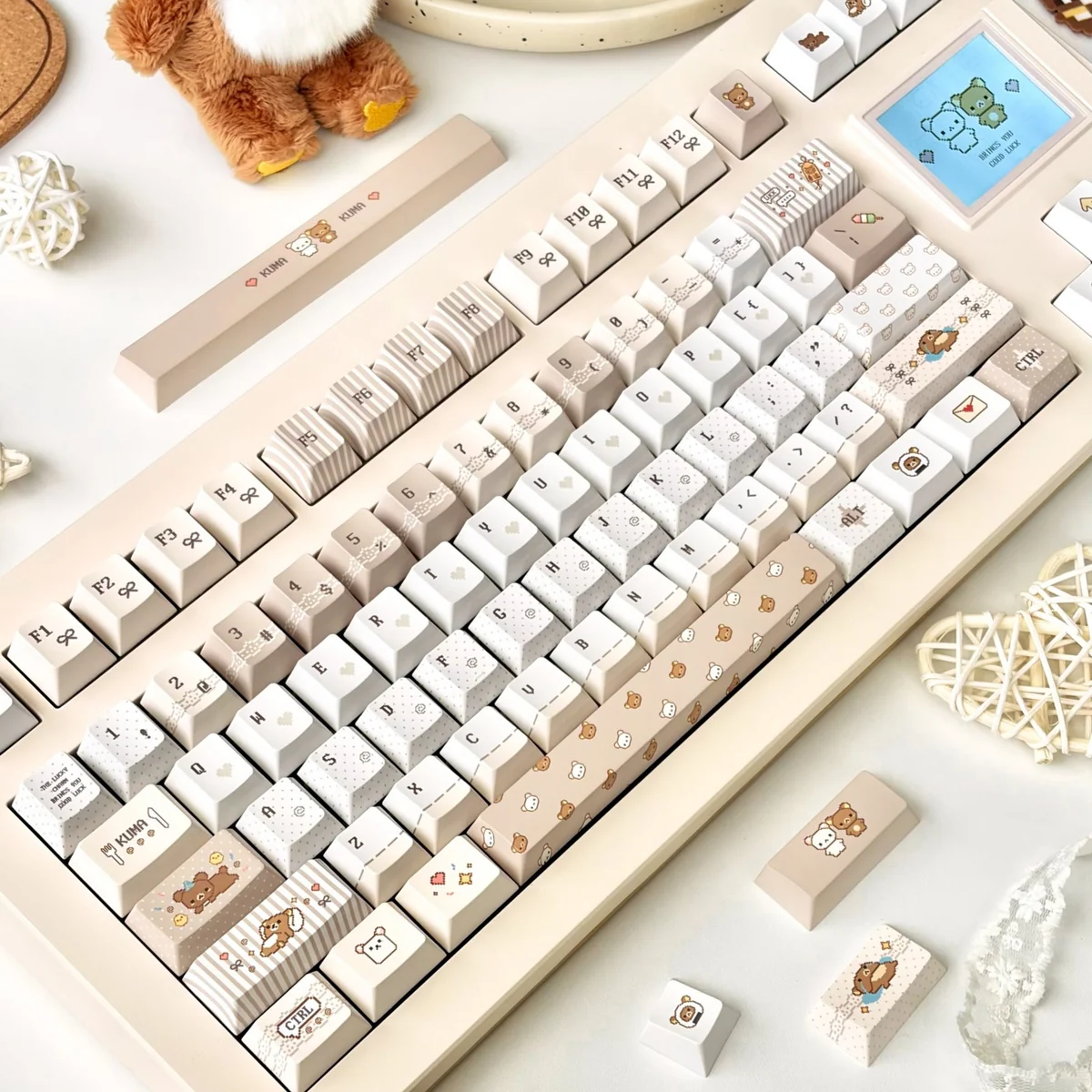 Whimsical Pixel Rilakkuma PBT dye-sub keycaps set on a mechanical keyboard, showcasing charming pixel art of Rilakkuma and Kaoru for a playful, nostalgic design.