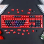 An exclusive Republic of Gamers: Se7en Keycap Set, showcasing vibrant warrior art and dynamic motifs in an artistic, ROG-themed design.
