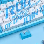 Exclusive Republic of Gamers: Se7en White Version Keycap Set, anime warrior princess design. PBT from multiple angles, showcasing premium aesthetic setup.