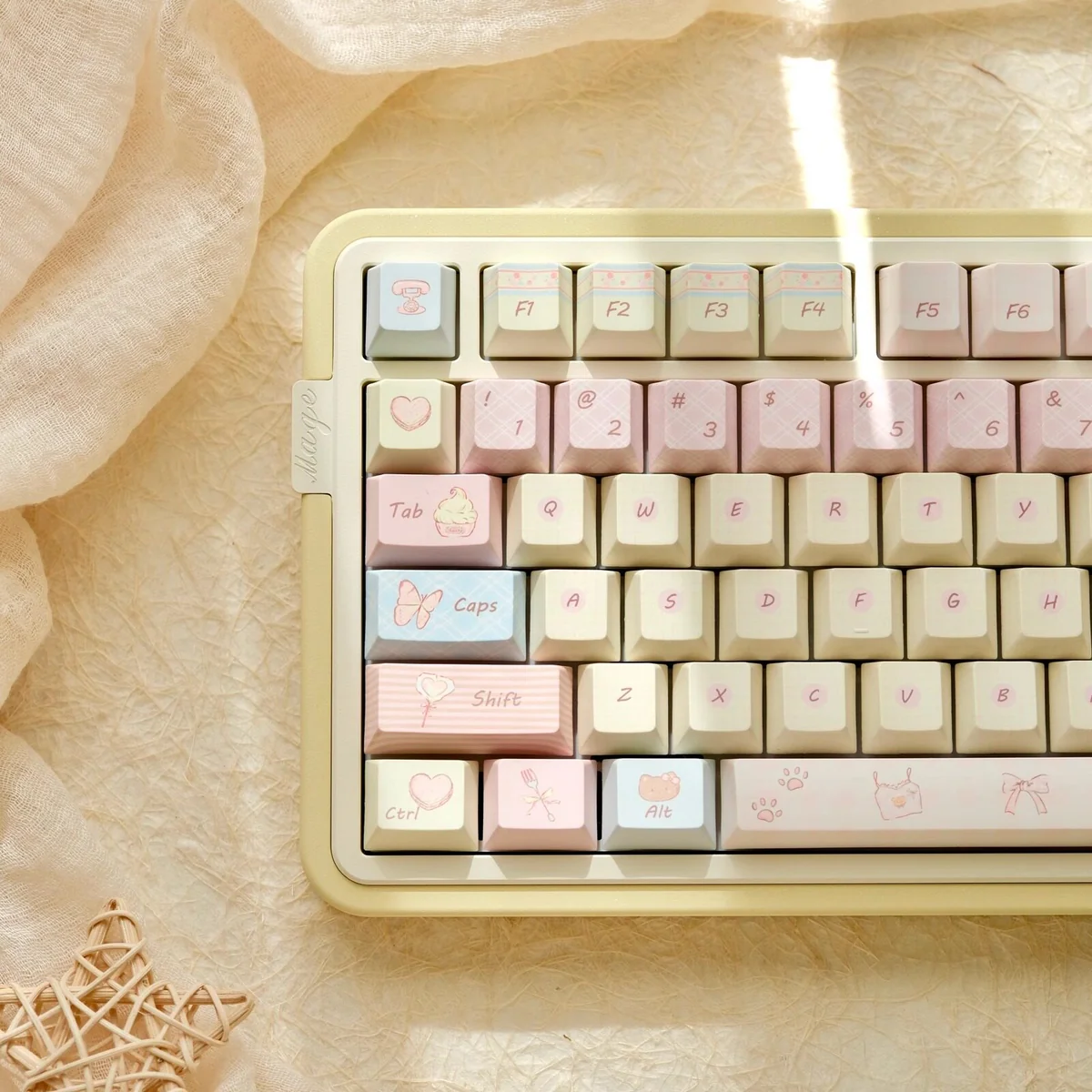 Romance Until Death PBT dye-sublimated 145-keycap set displayed from various angles, showcasing dreamy pink, blue, and yellow hues for an artistic, serenity design.
