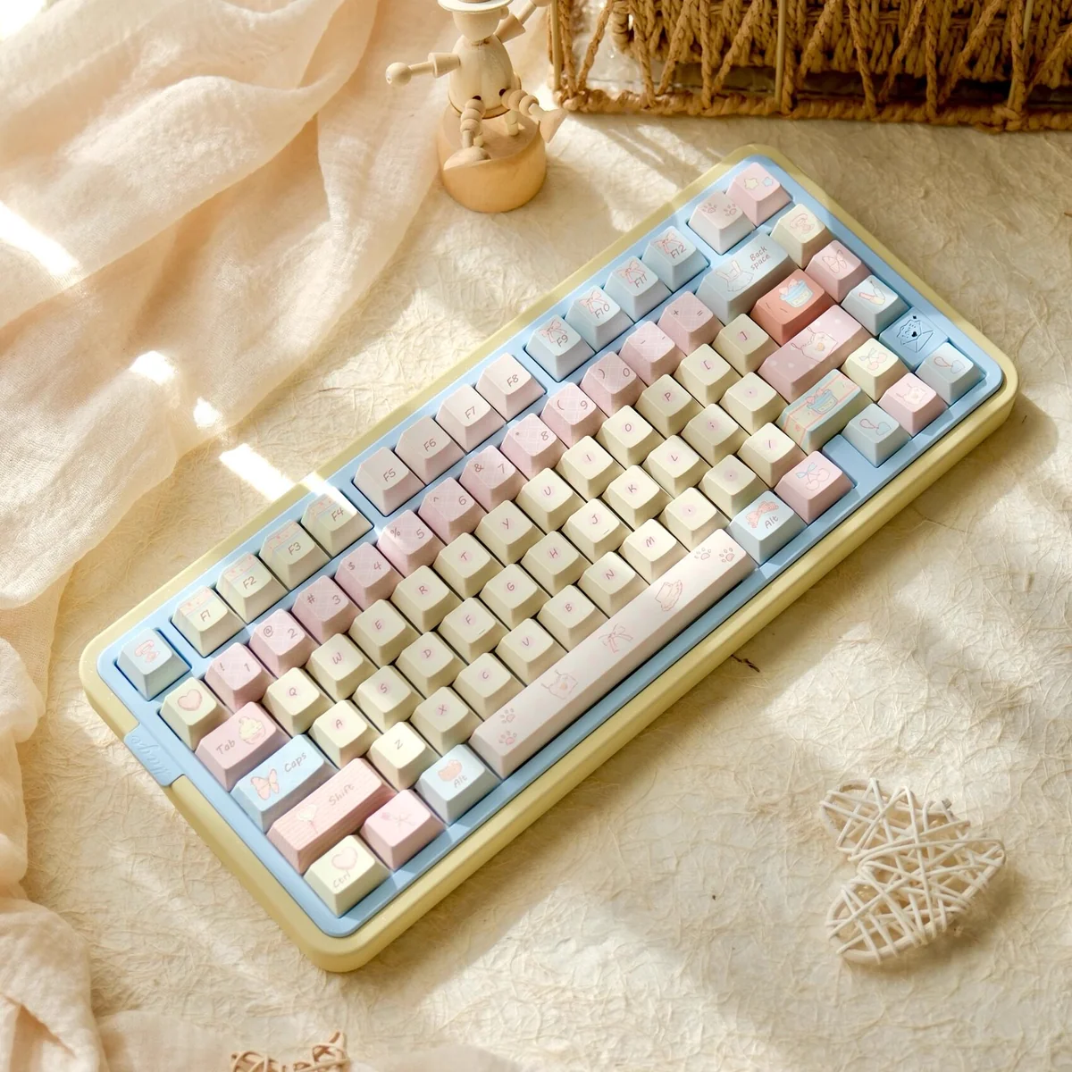 Romance Until Death PBT Dye-Sublimated Keycap Set from multiple angles, showcasing dreamy pink, blue, and yellow hues for an artistic, serene keyboard.