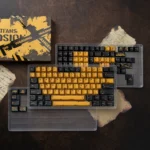 Close-up views of the unique Erosion Battle-Damaged Rust PBT Keycaps Set, showcasing intricate weathered industrial rust and erosion patterns.