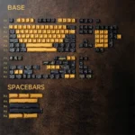 Detailed views of the Erosion Battle-Damaged Rust PBT Keycaps Set, showcasing intricate weathered industrial rust and erosion patterns with a unique angle.