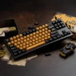 Unique battle-damaged rust PBT keycaps set. Intricate erosion patterns define this weathered industrial, post-apocalyptic design.