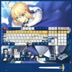 Gallery of the exclusive Saber PBT keycap set, Fate/Stay Night Noble Spirit theme. Multiple angles showcase the iconic characters legends.