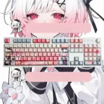 Vibrant Sakuraba Ema Magical Girl Dye-Sub PBT keycaps set from various angles, showcasing exclusive anime art and mystical witch trial aesthetic in detail.
