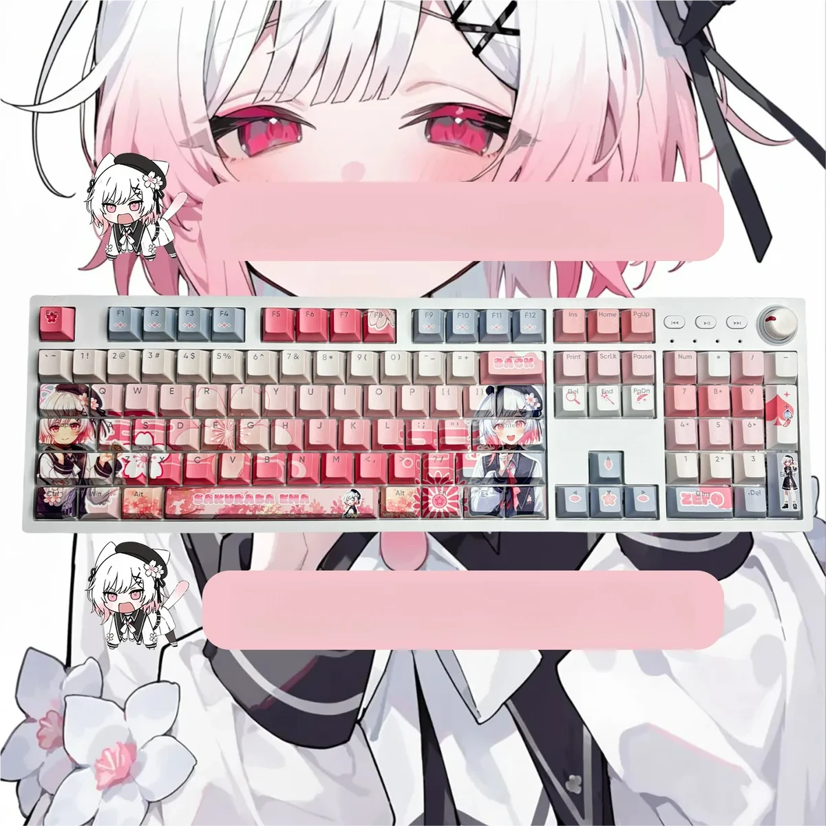 Vibrant Sakuraba Ema Magical Girl Dye-Sub PBT keycaps set from various angles, showcasing exclusive anime art and mystical witch trial aesthetic in detail.