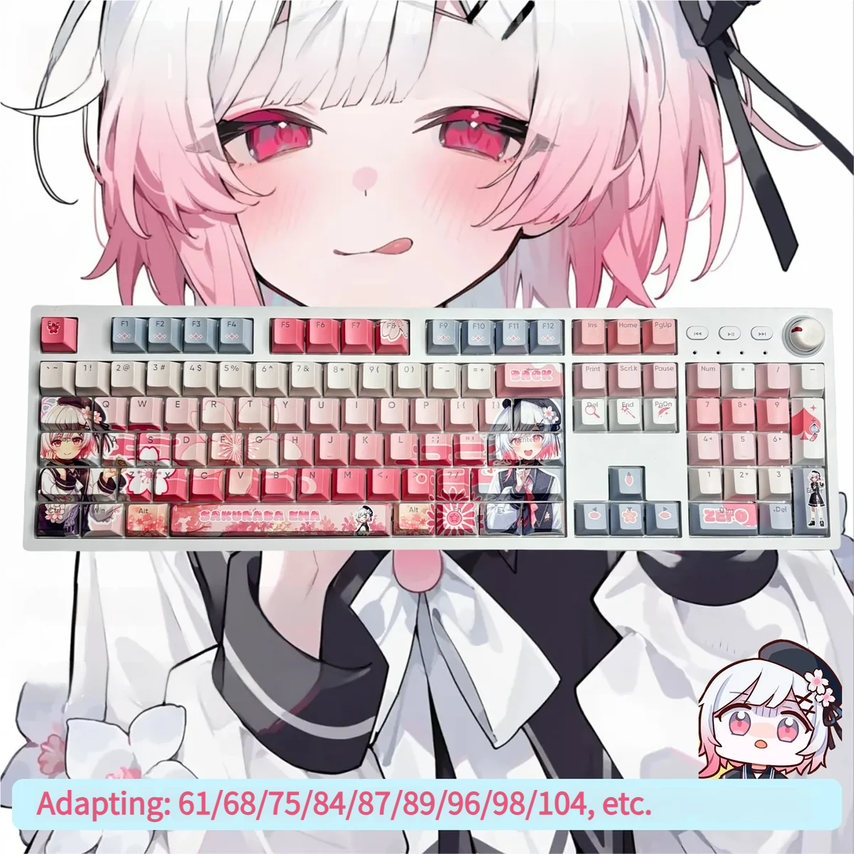 Exclusive Sakuraba Ema Magical Girl Dye-Sub PBT Keycaps set, showcasing vibrant anime art with a mystical witch trial aesthetic on a mechanical keyboard.