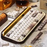 Close-up of adorable Siamese Cat Cafe PBT Dye-Sub keycaps set, showcasing the intricate whimsical cat and coffee designs from a unique angle, perfect for animal lovers.