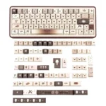 Siamese Cat Cafe PBT dye-sub keycaps set, a complete 145-key boxed set. Adorable felines enjoy coffee in warm hues.