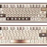 Adorable Siamese Cat Cafe PBT Dye-Sub Keycaps Set, featuring whimsical cats, steaming coffee cups, and warm cafe colors for a playful keyboard.