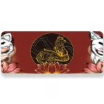 Spirit Fox Cultivation Desk Mat, an artistic display of unique mythical fox art in an ancient bronze style, covering an expansive desk surface with intricate culture.