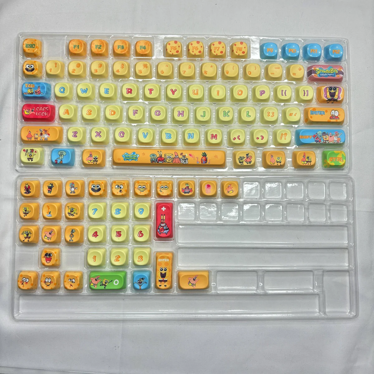 Vibrant 108-key SpongeBob PBT Dye-Sub MOA keycap set featuring iconic characters for a playful, immersive keyboard experience.