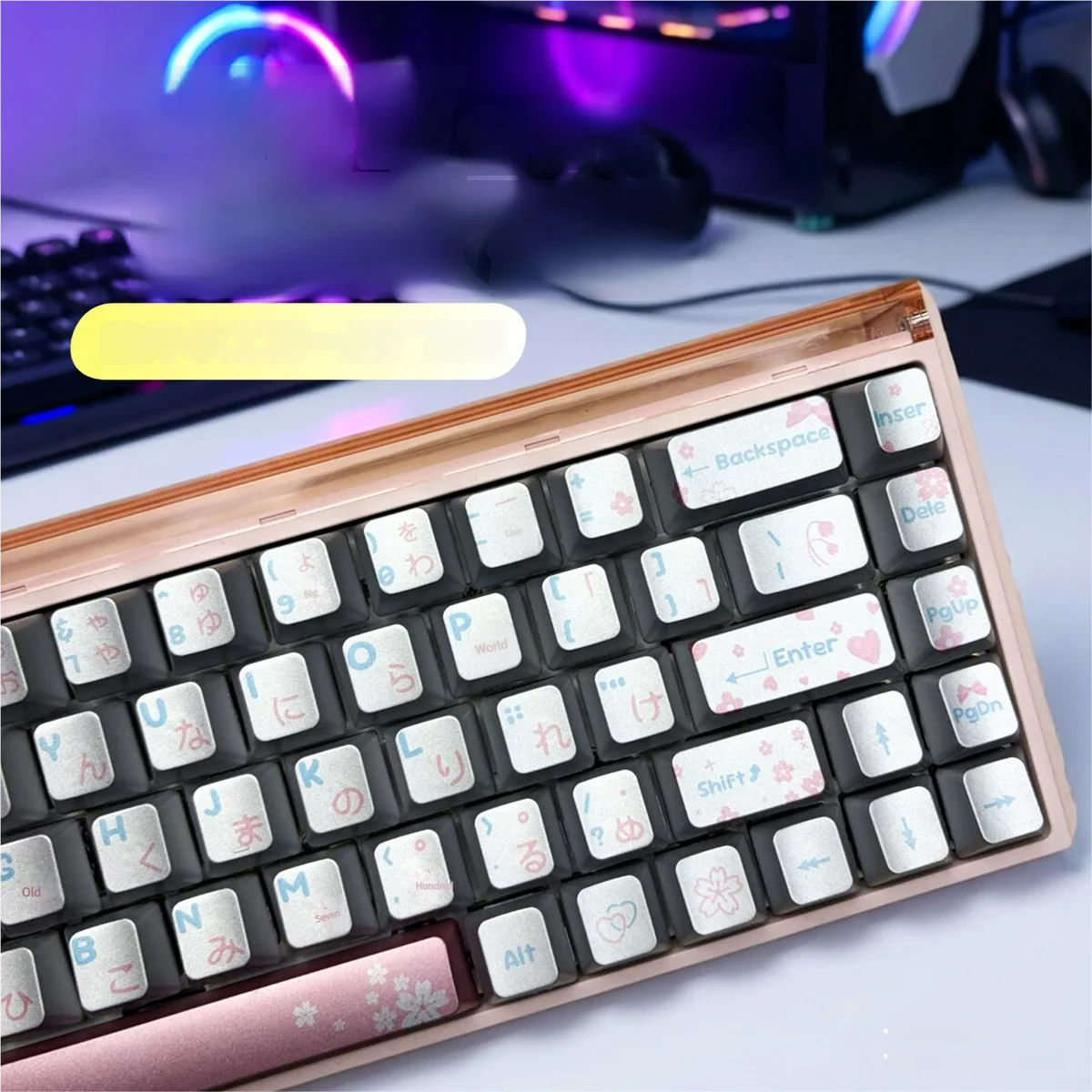 Close-up of Spring Bright Sunshine Keycaps Set, highlighting the premium PBT texture and delicate spring landscape design with elegant silver metallic accents.