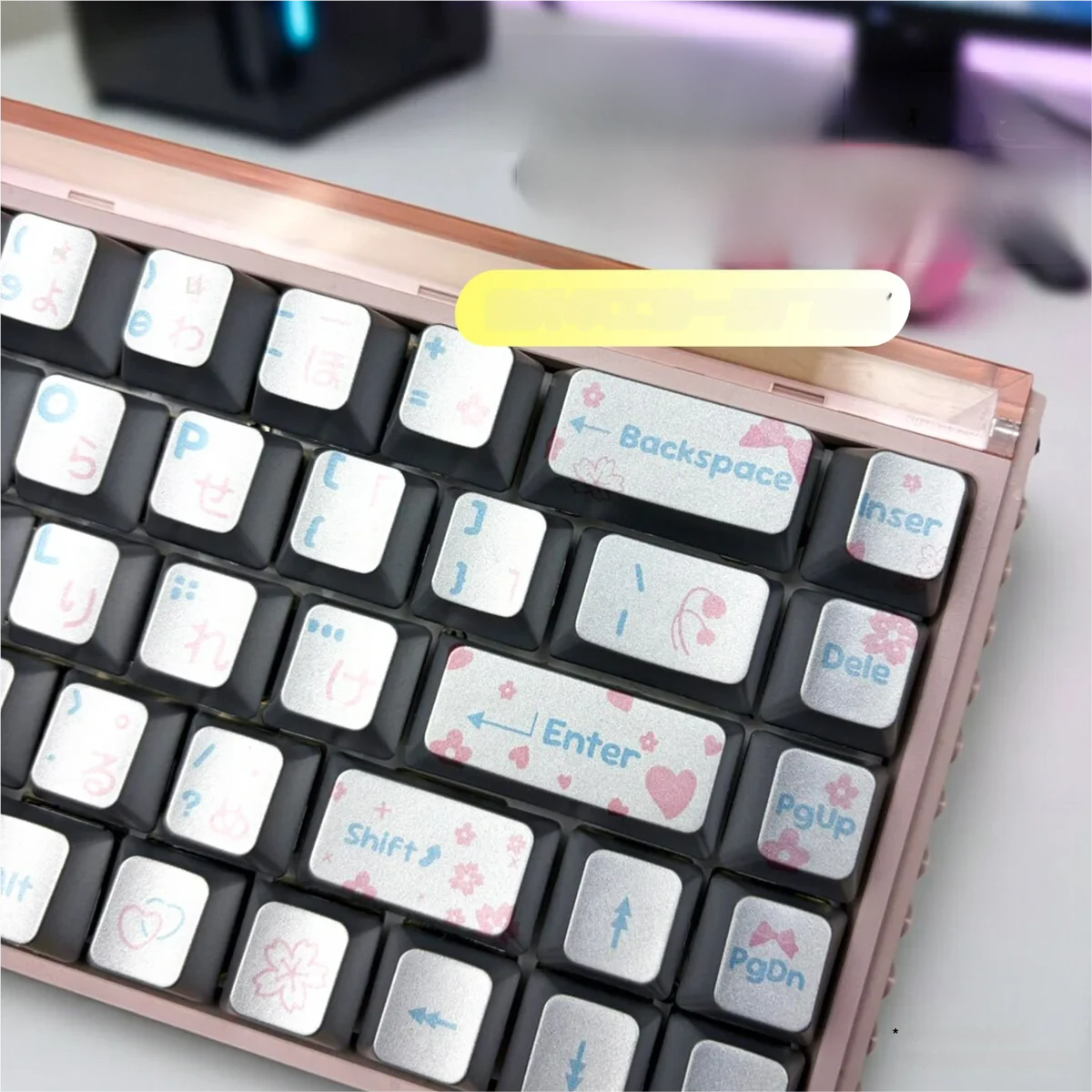 Premium PBT Spring Bright Sunshine Keycaps set: Close-up view reveals serene spring landscape design and elegant silver metallic paint finish from a unique angle.