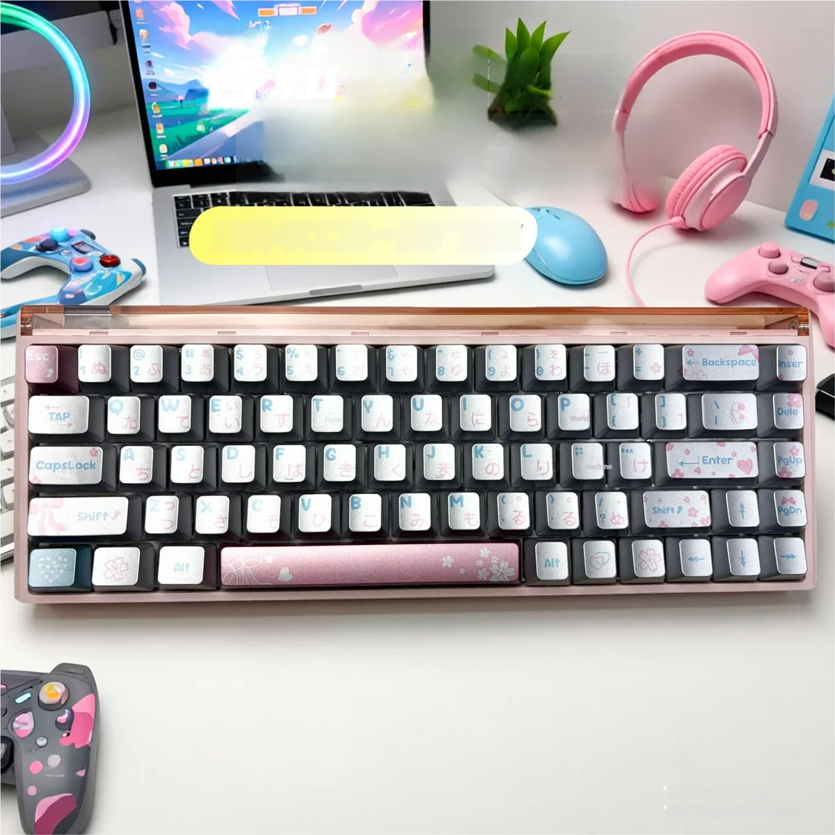 Premium PBT Spring Bright Sunshine Keycaps Set, featuring a serene spring landscape and elegant silver metallic finish, displayed from multiple angles.