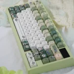 A close-up view of the Spring Song FC Height Keycap Set, showcasing vibrant pastel PBT & PC keycaps with delicate spring nature motifs from an artistic angle.