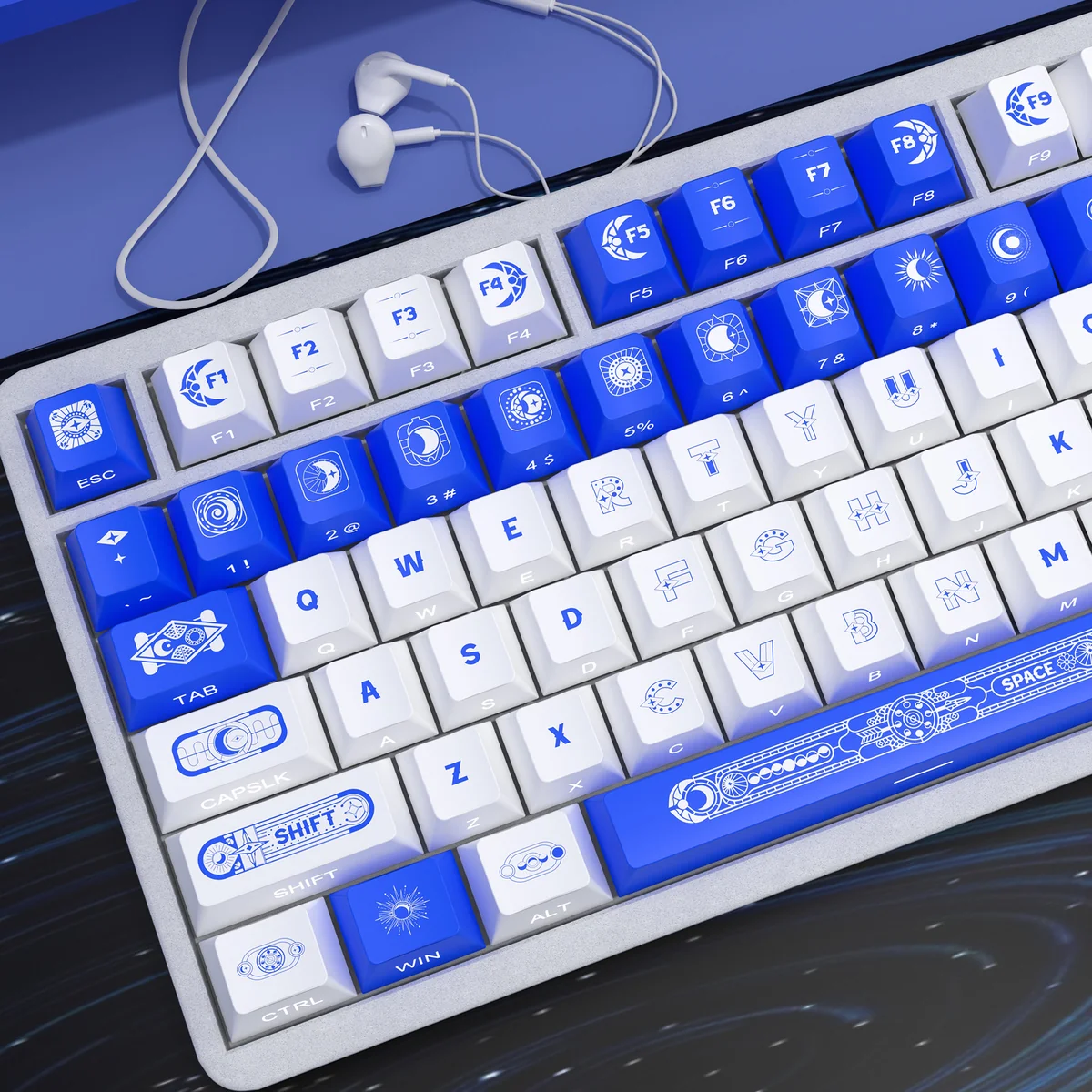Premium Star Moon side-printed PBT keycap set for gaming. Detailed views showcase mystical night sky design and sleek, minimalist legends.
