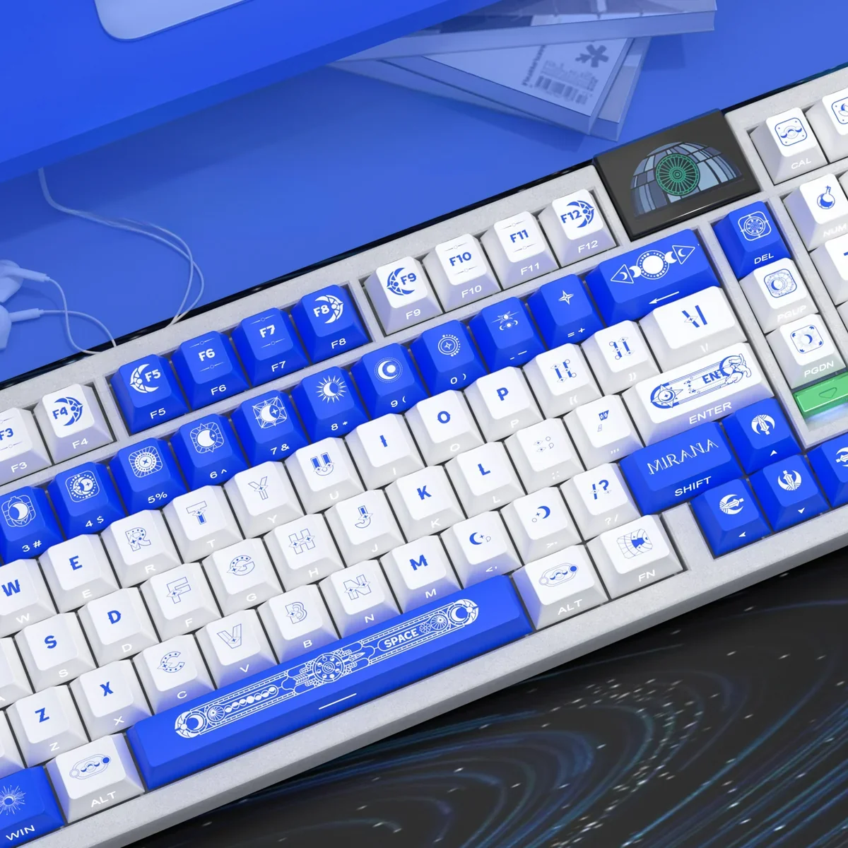 Star Moon side-printed PBT keycap set gallery. Features mystical night sky theme, minimalist legends, and sleek design for premium gaming.