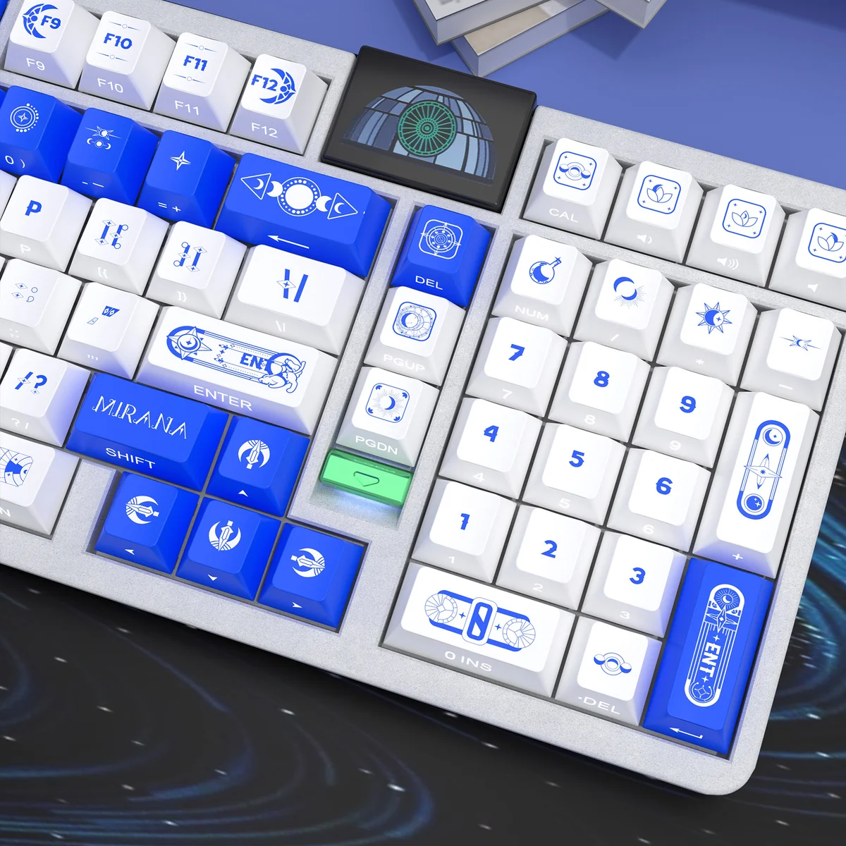 Star Moon side-printed PBT keycap set, multi-angle view. Highlights mystical night sky legends, sleek design, and premium quality for gaming.