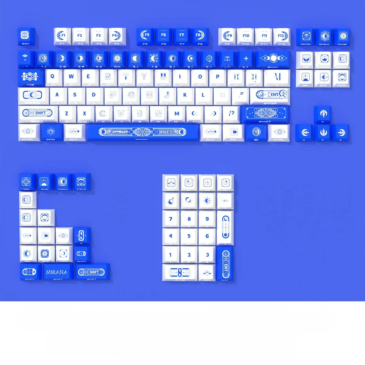 A full set of Star Moon side-printed PBT keycaps set, showcasing their mystical night sky aesthetic and sleek, modern design from multiple angles.