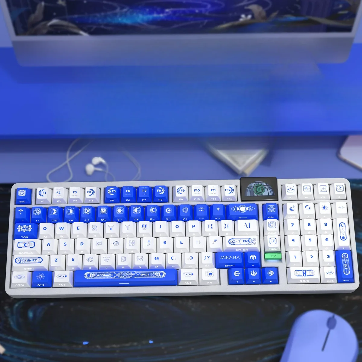 Main image of the premium Star Moon side-printed PBT keycap set, highlighting its mystical night sky theme and sleek, minimalist legends for gaming.