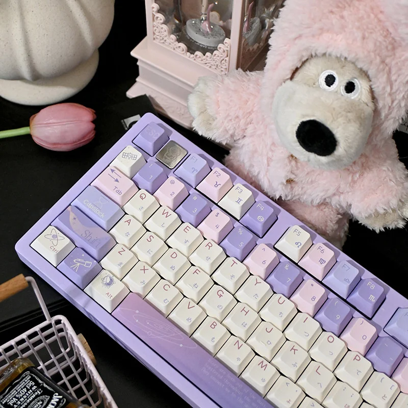Dreamy Starry Sky Keycaps set: Celestial purple PBT dye-sub set. Artistic close-up reveals swirling nebulae and distant stars, evoking a mystical cosmic journey.