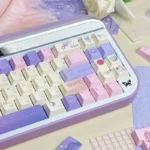 Side angle of Dreamy Starry Sky Keycaps Set, highlighting the Celestial PBT Dye-Sub set with intricate starry nebulae, evoking a mystical cosmic journey.