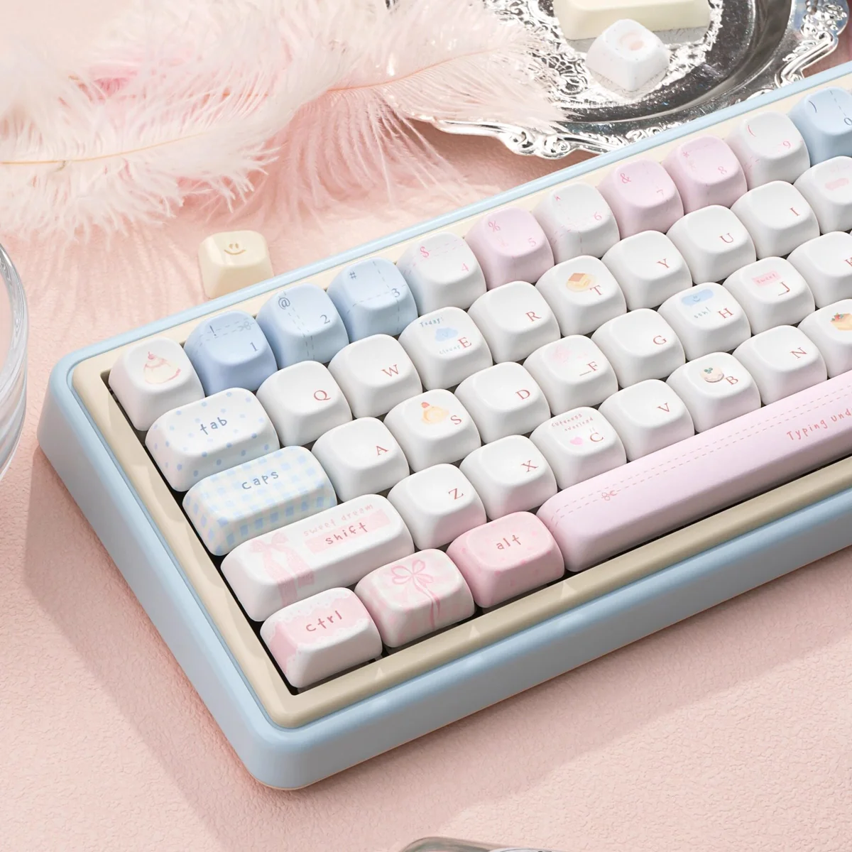 Sugar Weave Summer Series Keycap Set, an angled view showcasing the tranquil 'Sugar Woven Summer' design with delicate pastel summer motifs.