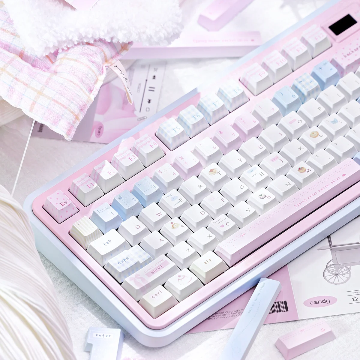 Sugar Weave Summer Series Keycap Set feature 'Sugar Woven Summer' design, delicate pastels, whimsical motifs, unique angle, tranquil art.
