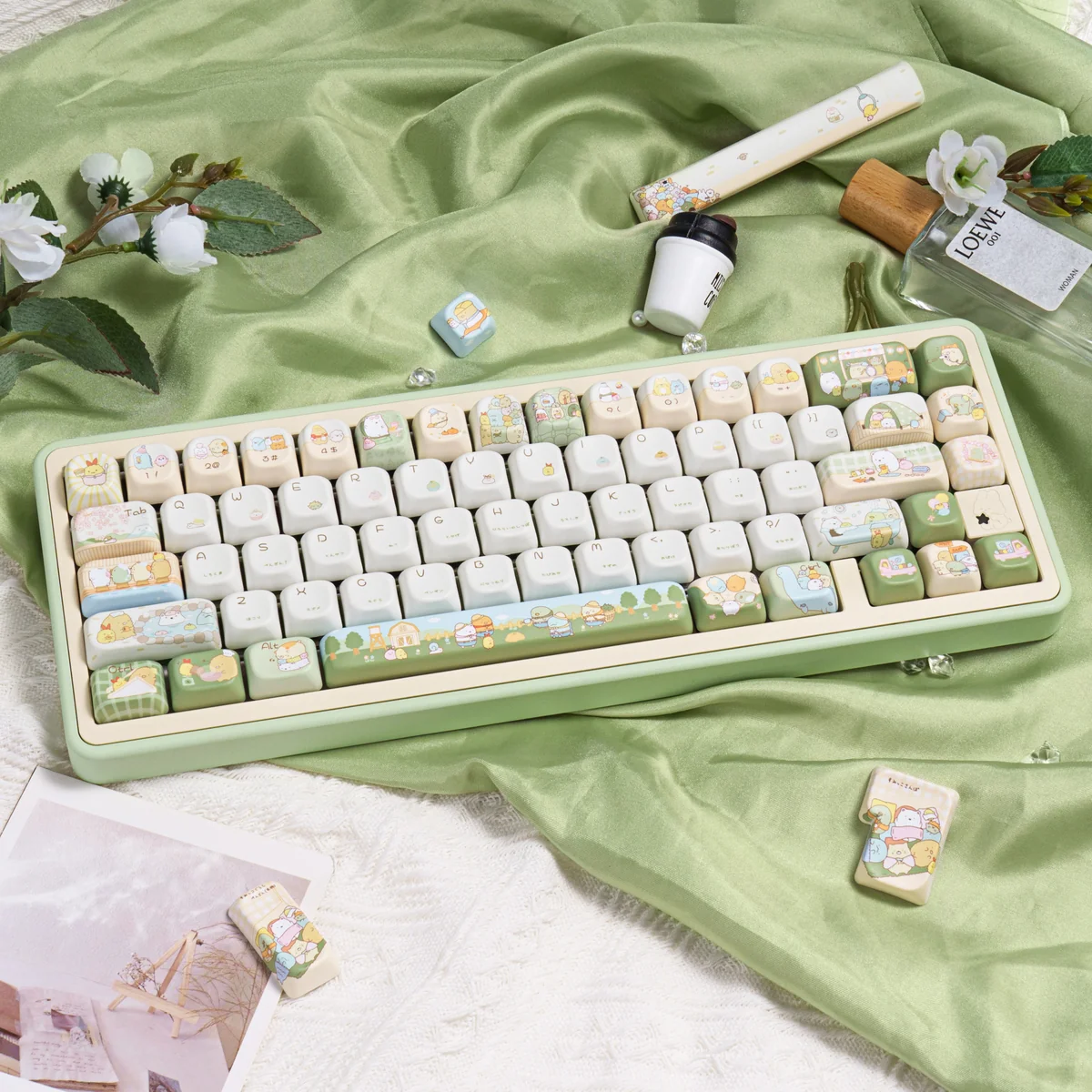 Main image of authentic Sumikko Gurashi keycaps PBT Dye-Sub set, featuring charming pastel characters bringing whimsy to your keyboard.