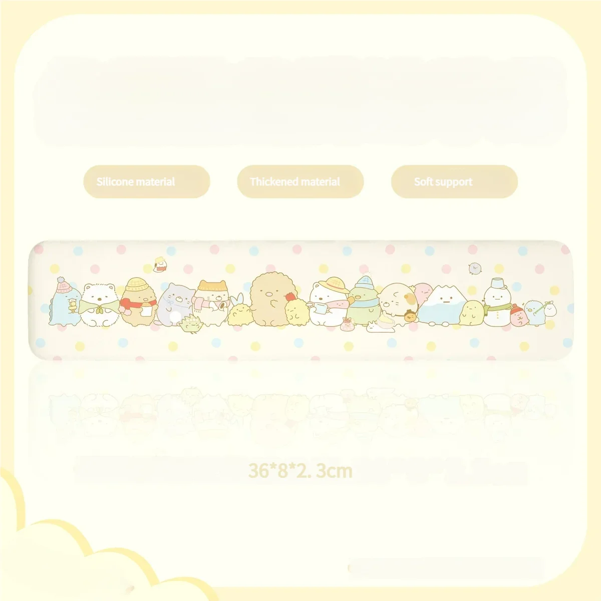 A charming Sumikko Gurashi wrist rest featuring cute characters in pastel colors, offering cozy kawaii comfort for your keyboard setup.