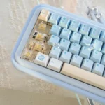 Close-up of the Whimsical Summer Kitty PBT Dye-Sub Keycap Set, revealing playful cat designs and subtle transparent accents for a charming desktop.