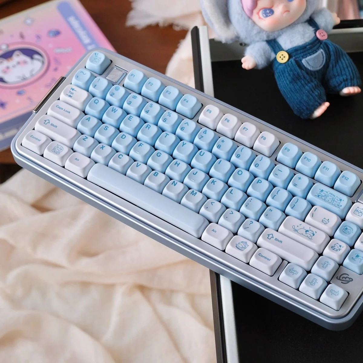 Whimsical Summer Kitty PBT dye-sub keycap set displayed from an alternate angle, revealing playful cat art and subtle transparent accents.