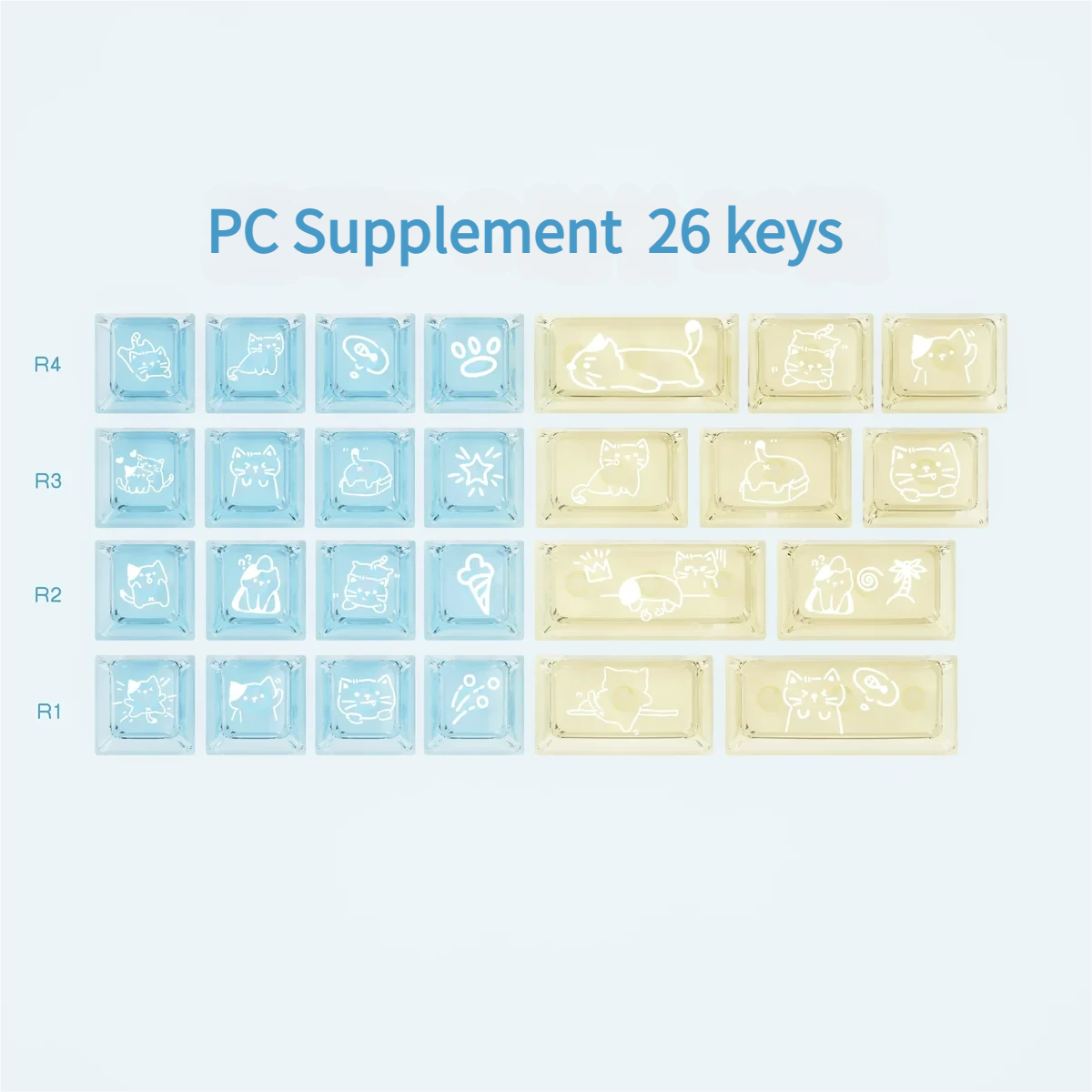 Whimsical Summer Kitty 26-key PC supplement set, displaying playful translucent cat designs, neatly boxed to enhance your keyboard.