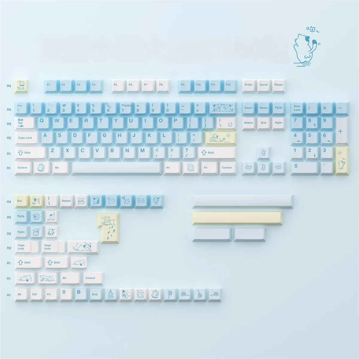 Whimsical Summer Kitty PBT Dye-Sub 149-Key Set, featuring bright, playful cat designs and subtle transparent accents for a charming desktop.