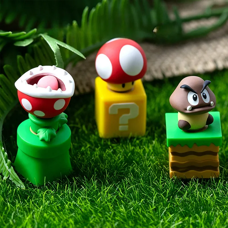 Vibrant 3D resin Super Mario Super Mushroom rotating keycap, shown from various angles, highlighting iconic, playful game aesthetics.