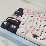 Detailed view of the whimsical PBT Sweetheart Black Cat Keycap Set, showcasing charming black cat motifs and heart accents on smooth MOA profile keycaps.
