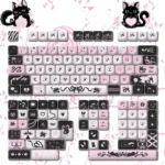 A playful PBT Sweetheart Black Cat Keycap Set, showcasing whimsical black cat motifs with heart accents and a smooth MOA profile from various angles.