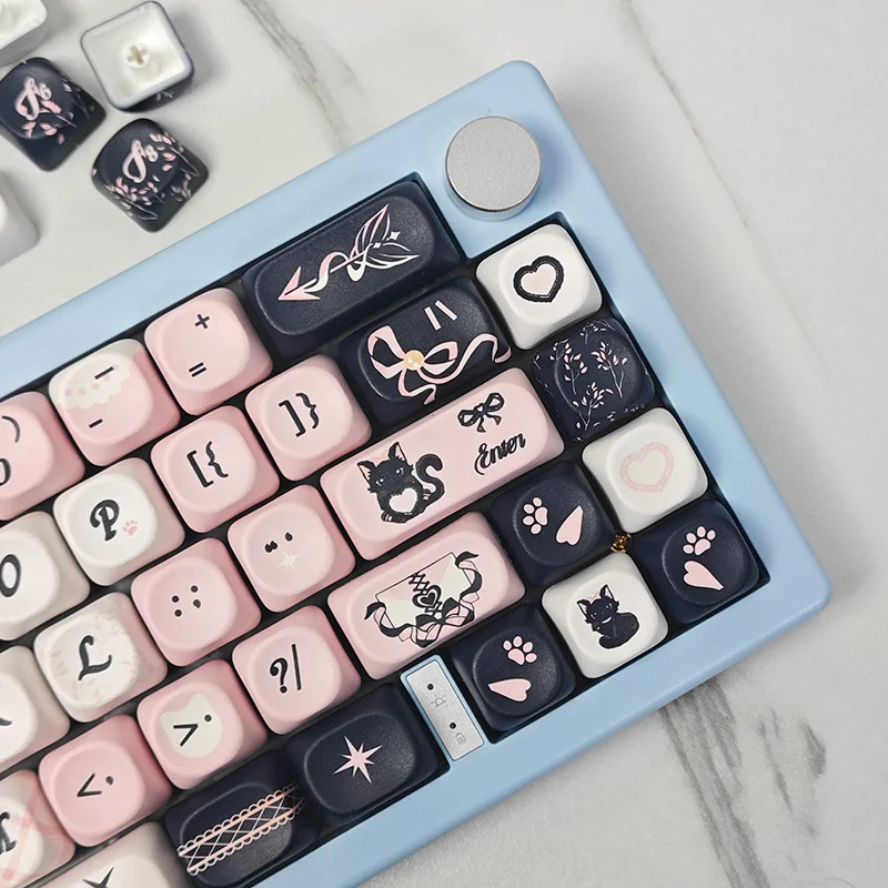 Main image of the whimsical PBT Sweetheart Black Cat Keycap Set, showcasing charming black cat motifs and heart accents on a smooth MOA profile.