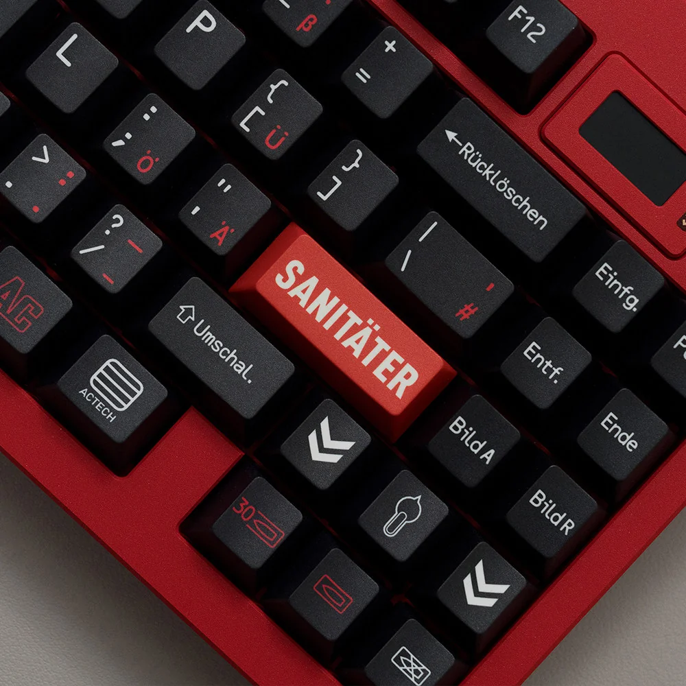 Tactical PBT keycaps set from various angles, highlighting rugged military-inspired design, crisp legends, and durable PBT for intense gaming.