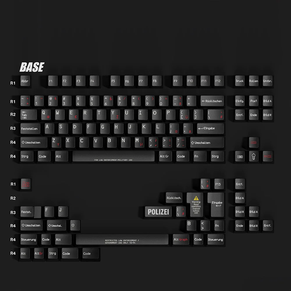 A detailed view of the premium tactical PBT keycaps set, highlighting their rugged design and crisp, durable legends from a unique perspective view.