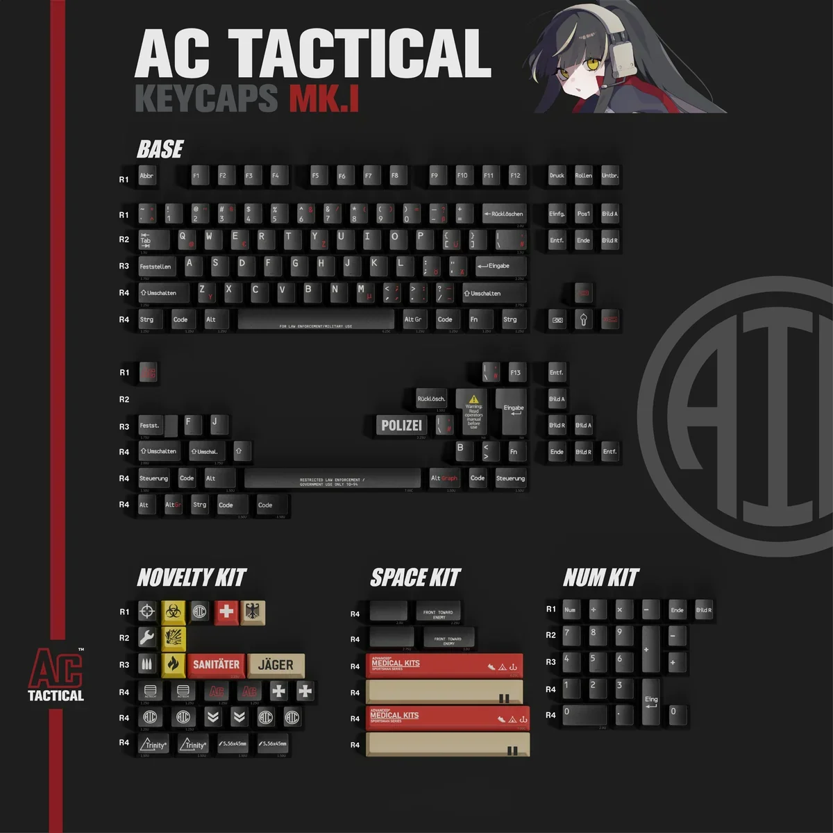 Tactical PBT keycap set gallery, highlighting rugged durability and crisp, military-inspired legends from various angles, ideal for gaming.