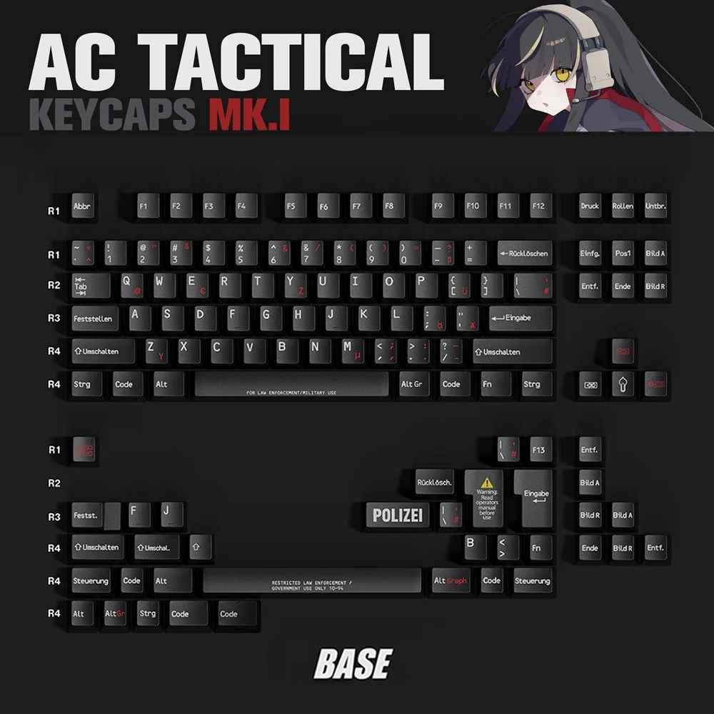 Premium tactical PBT keycap set, Base layout, showcasing rugged military-inspired design and crisp legends for durable gaming performance.