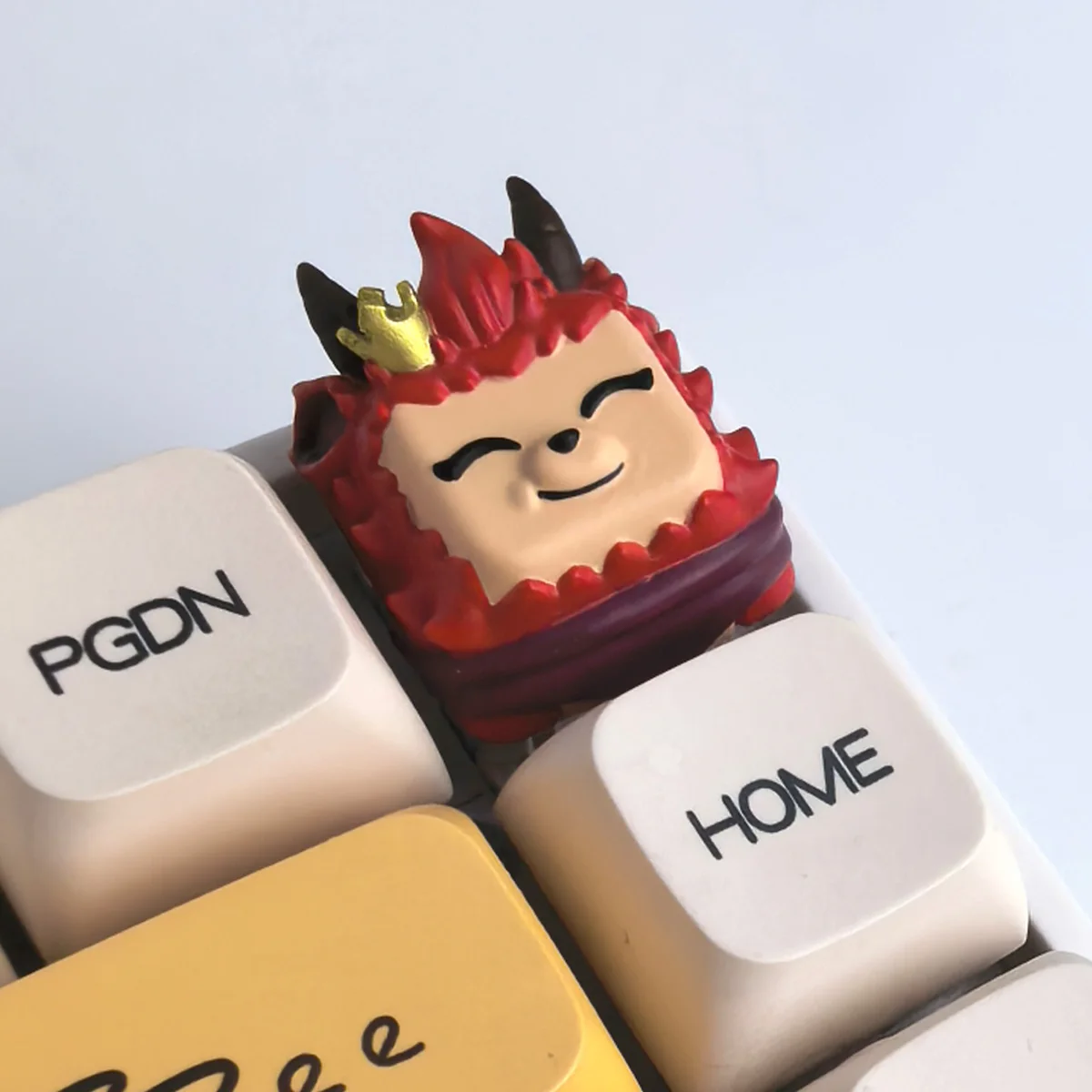 Close-up of the handcrafted Mischievous Devil Teemo resin gaming keycap, showcasing its vibrant details and intricate sculpt from a dynamic angle.