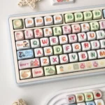 Close-up of the whimsical Teletubbies Garden keycap set, highlighting vibrant characters and a nostalgic, playful garden design for mechanical keyboard.