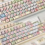 Vibrant Teletubbies Garden keycap set showcasing Tinky Winky, Dipsy, Laa-Laa, and Po in a whimsical, colorful garden, reliving nostalgic joy.