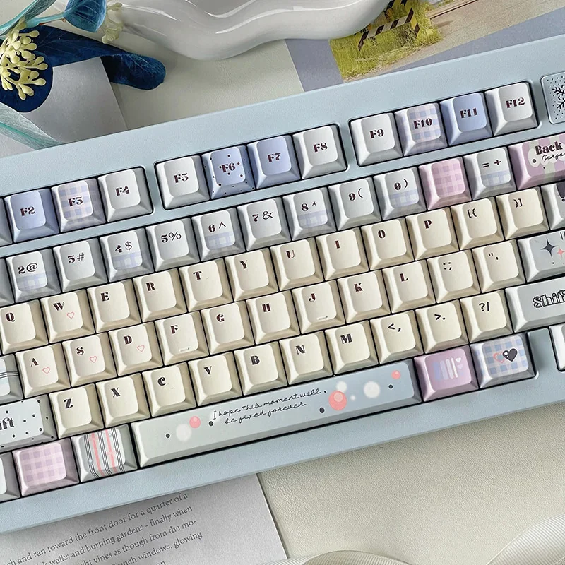 A collection of Dreamy Tipsy Bubbles PBT Dye-Sub Keycaps Set, showcasing their soft pastel gradients and ethereal bubble patterns from various artistic angle.