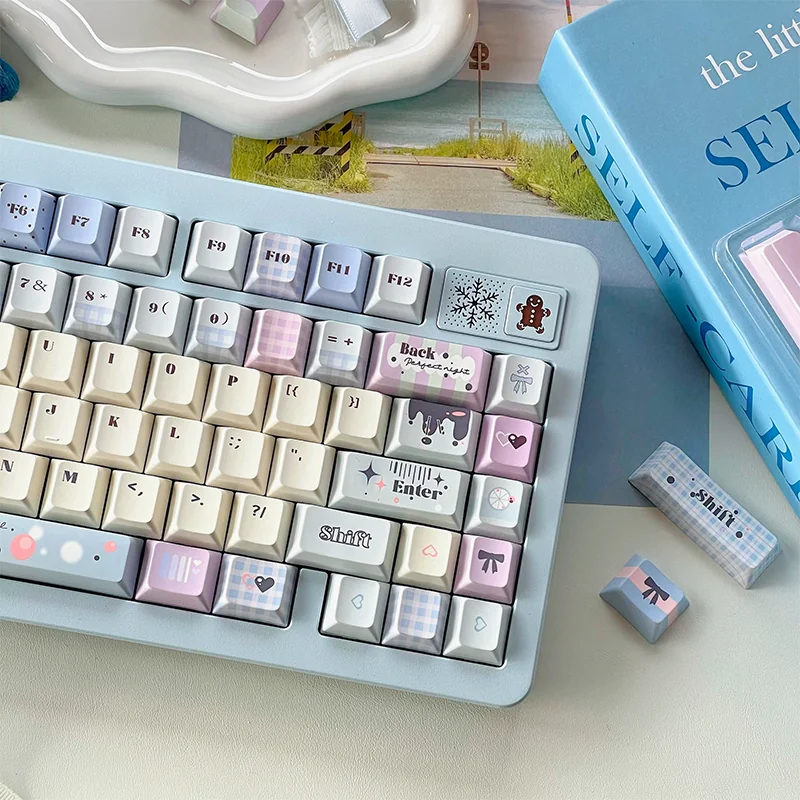 Artistic shot of Dreamy Tipsy Bubbles PBT Dye-Sub Keycaps Set, highlighting their soft pastel gradients and whimsical bubble designs for a unique keyboard.